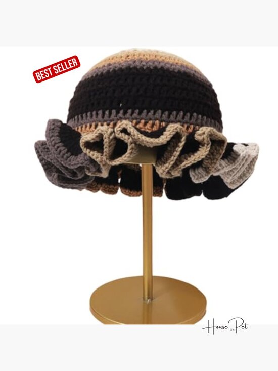 Crochet Ruffle Bucket Hat Acrylic Handmade Winter Beanie Cap main image 6